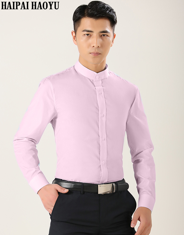 海派浩宇 长袖衬衫男免烫修身纯色立领白色衬衣商务休闲四季款高级感上衣 3052粉色 2XL (180) 推荐136-155斤