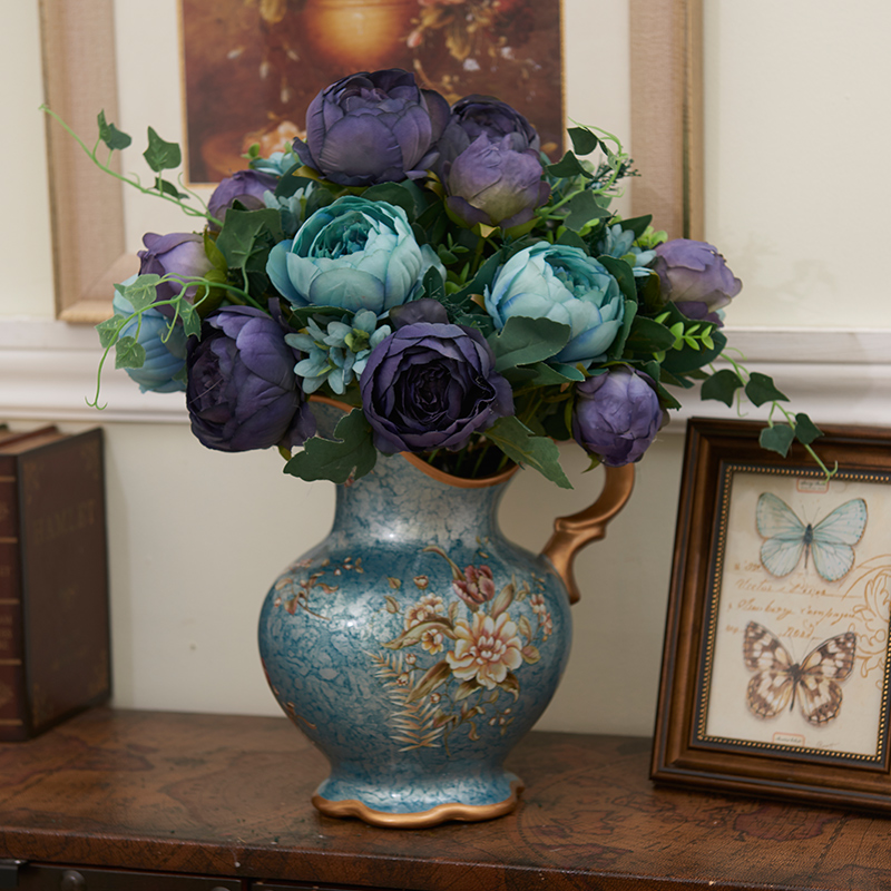花家居饰品摆件客厅桌面仿真花套装假花摆设 1032花瓶 3束蓝色牡丹
