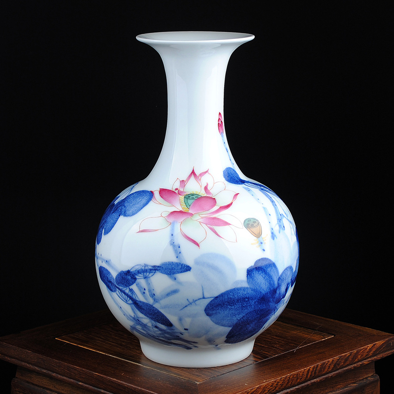 晨熙  景德镇陶瓷器手绘荷花花瓶中式水养瓷瓶客厅摆件工艺品 赏瓶
