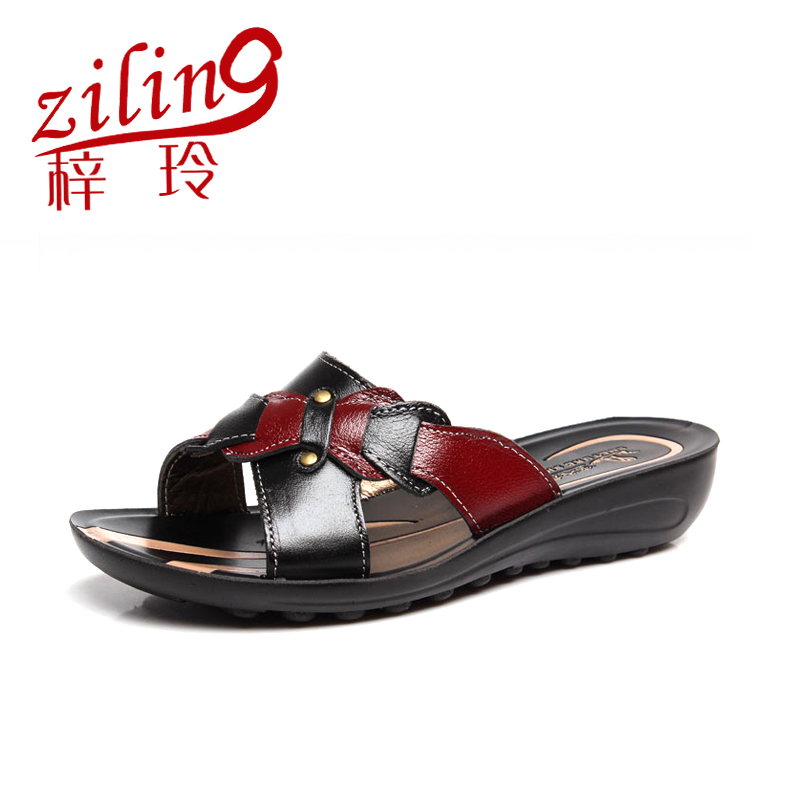 梓玲妈妈凉鞋拖鞋夏外穿平底中老年凉拖牛皮老人皮拖鞋女真皮防滑软底