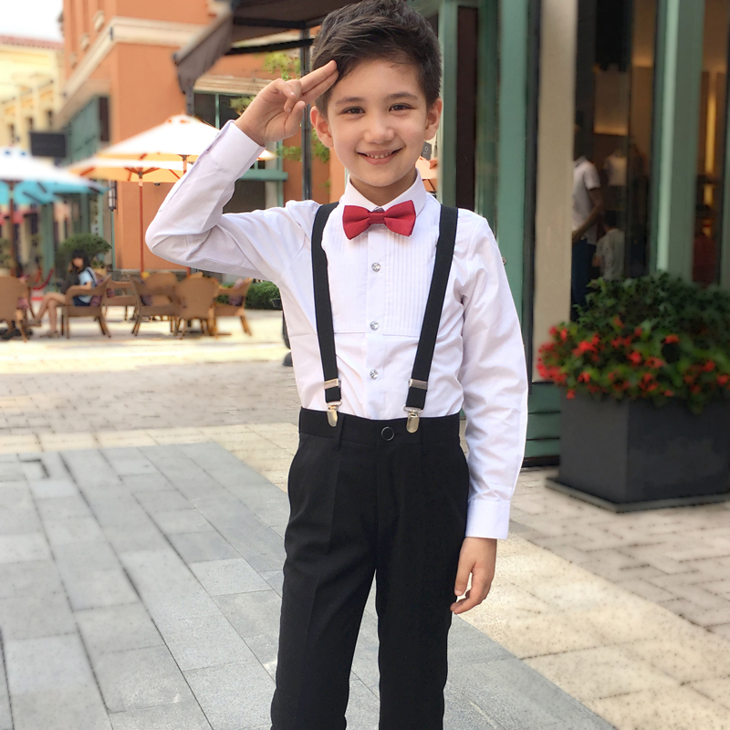 衣诺坊 儿童礼服套装校服六一小学生主持人花童背带裤男童大合唱演出服儿童元旦演出礼服 黑色款长袖酒红领结 130cm高性价比高么？