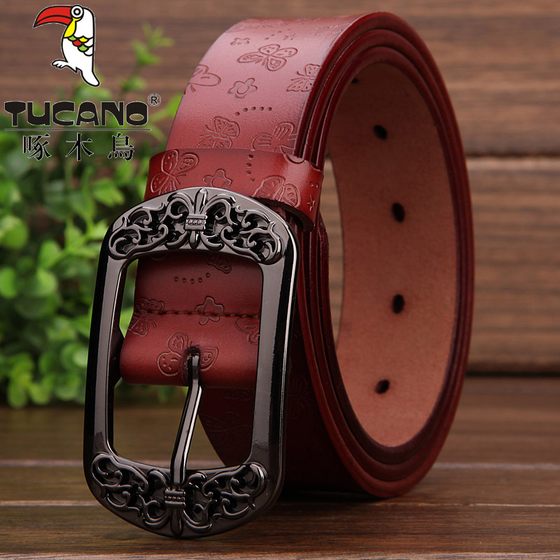 啄木鸟tucano女士皮带真皮针扣腰带雕花带身牛皮裤带时尚百搭 红色