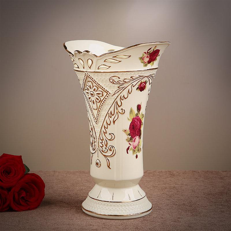 美瓷工坊英伦玫瑰欧式金边陶瓷镂空花瓶台面花艺干花绢花插花器可养水