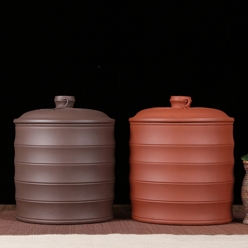 紫来顺 宜兴原矿紫砂茶叶罐 大号 七子饼 密封储存普洱茶罐茶缸竹节桶 竹叶竹节-紫泥（热门款）