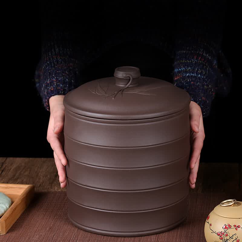 紫来顺 宜兴原矿紫砂茶叶罐 大号 七子饼 密封储存普洱茶罐茶缸竹节桶 竹叶竹节-紫泥（热门款）