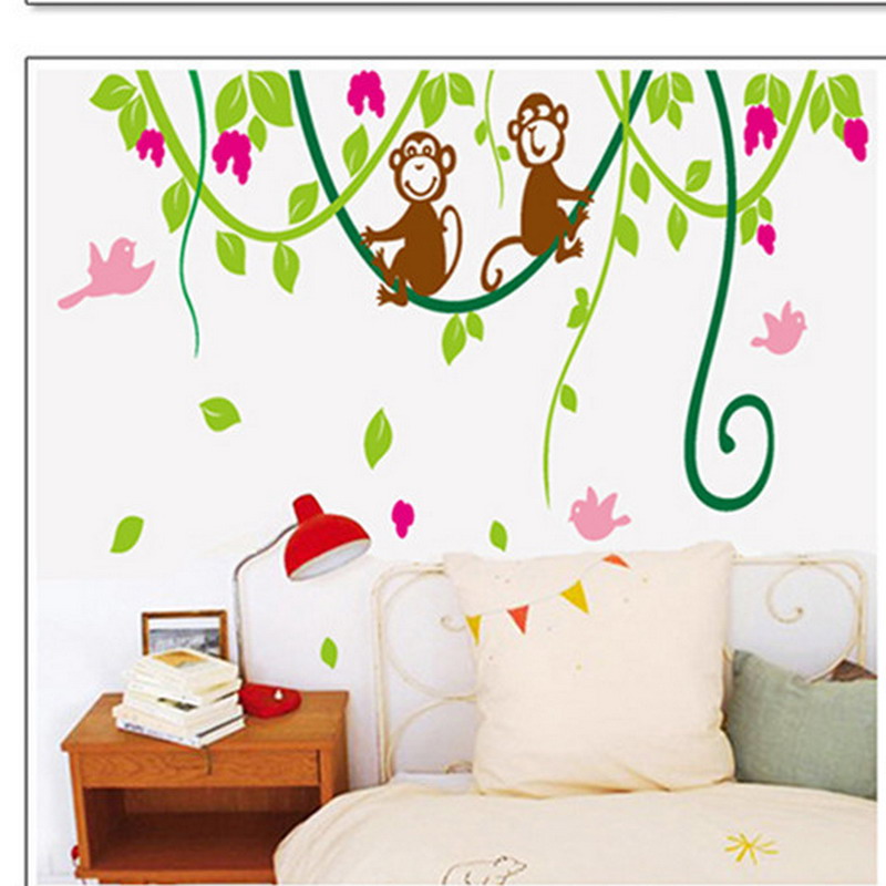 猴子树藤装饰贴 三代可移除 幼儿园儿童房装饰贴画 两只卡通猴子 绿色