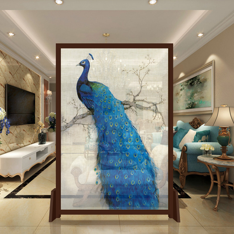 帘客厅玄关酒店办公室移动屏风纳福孔雀 宽100*高180cm 胡桃木边框