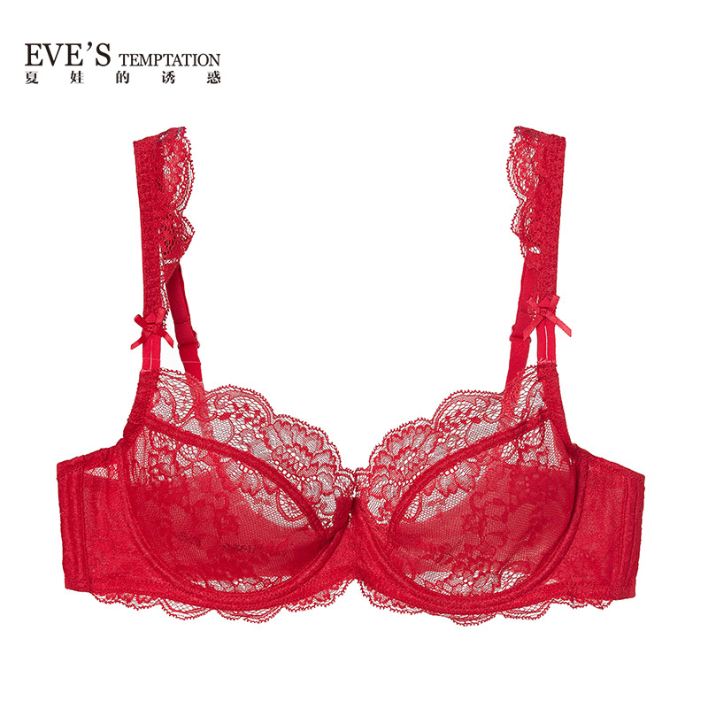 夏娃的诱惑音符组女士内衣女薄款性感蕾丝少女聚拢文胸舒适透气大码U型胸罩 红色 75C
