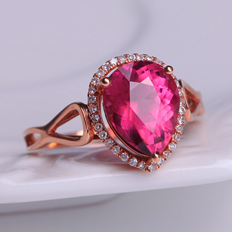 旭元 18k黄金加钻石镶嵌红碧玺戒指 水晶 18k黄金镶嵌碧玺石头10.