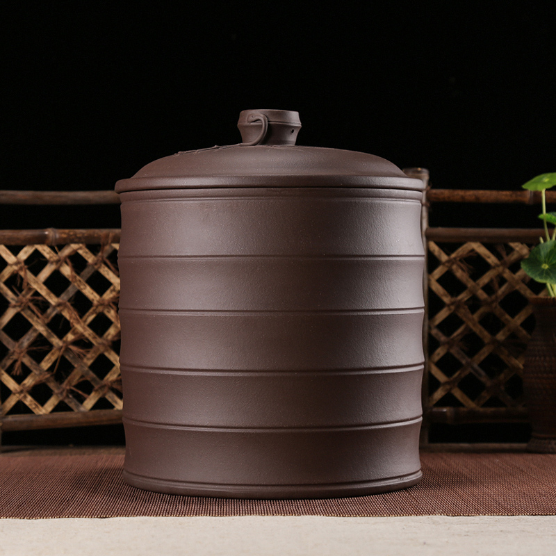 紫来顺 宜兴原矿紫砂茶叶罐 大号 七子饼 密封储存普洱茶罐茶缸竹节桶 竹叶竹节-紫泥（热门款）