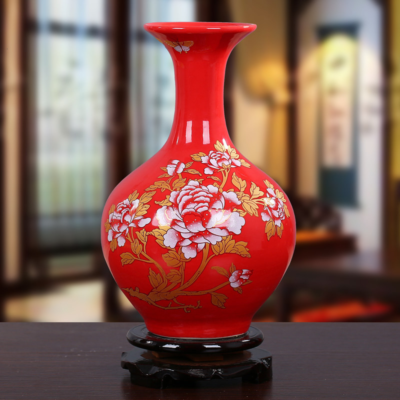 迪威莱 景德镇陶瓷器 中国红色花瓶工艺品客厅摆件装饰品 多款可选 中国红赏瓶 红色赏瓶+底座