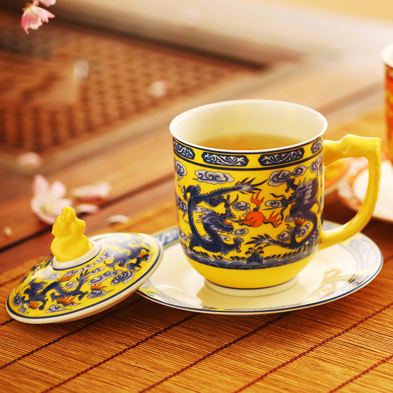 盖杯会议杯子带托盘  国礼瓷中华龙 釉中彩国风中式茶杯 龙