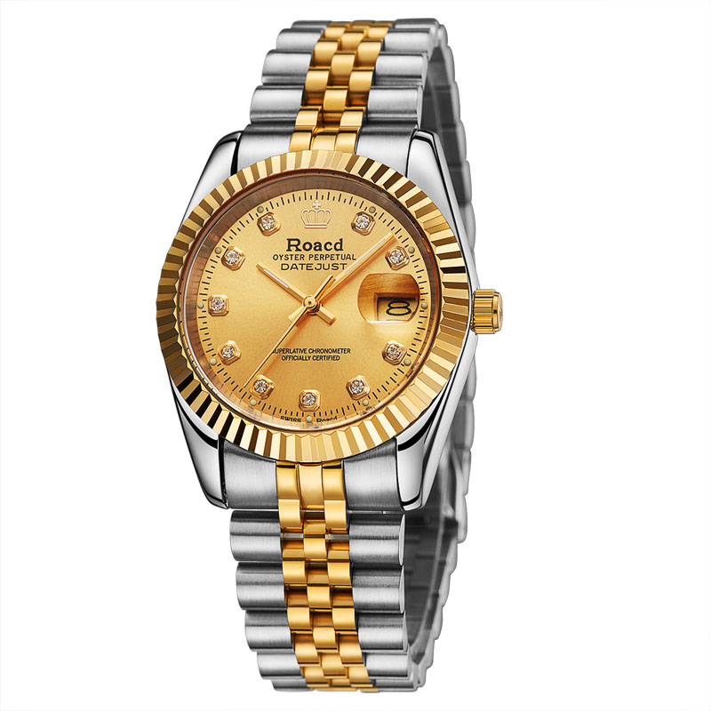 瑞士认证roacd劳莱斯顿手表男士防水机械表经典商务全自动土豪金表 间