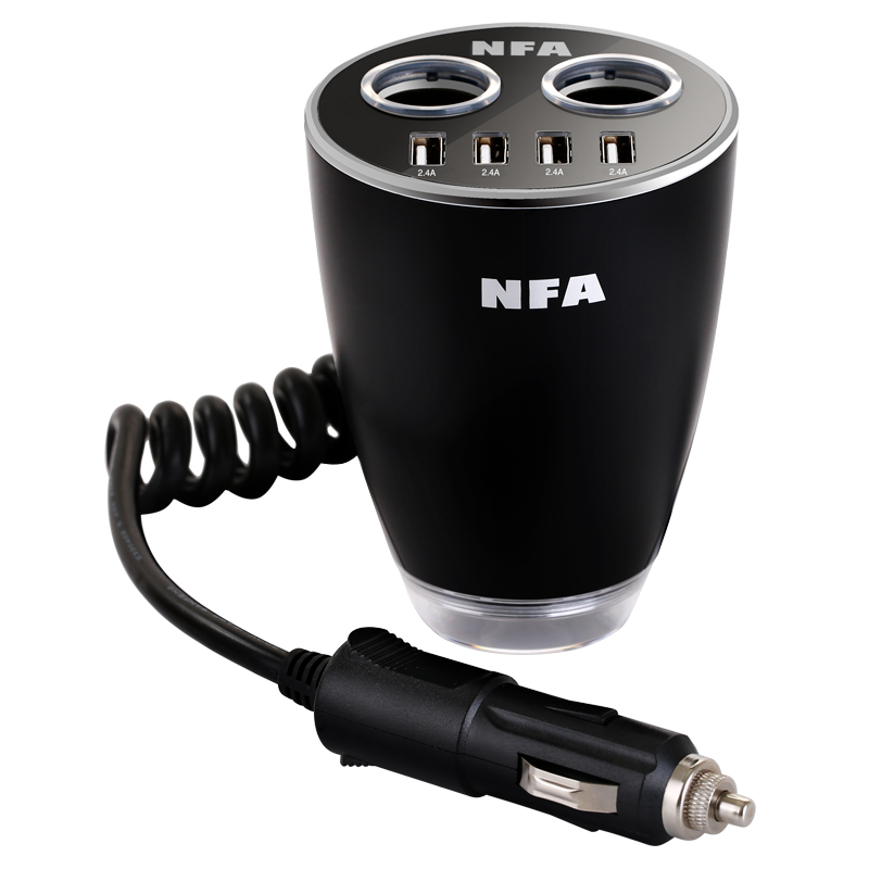 NFA车载充电器 车充6521一拖六杯充5V/9.6A 四USB/双AC输出带安全锤 12V/24V通用车充