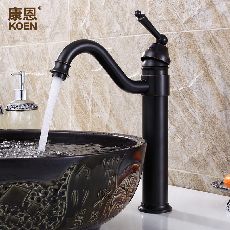 康恩 黑古铜色水龙头仿古洗手盆龙头铜加高 龙头 冷热 复古面盆美式水