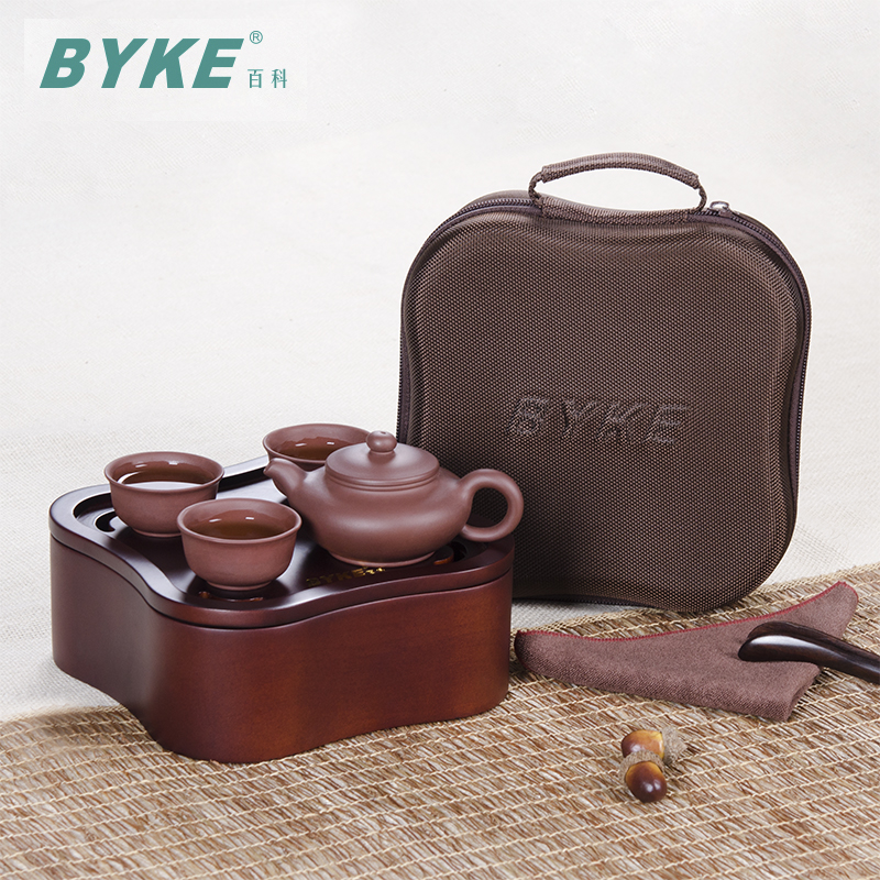 百科（BYKE）旅行茶具整套装户外车载家用功夫茶具简约迷你实木茶盘便携包收纳 木紫砂套装