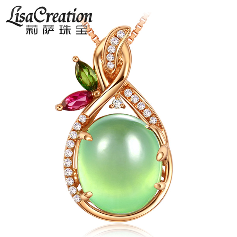 吊坠女18k玫瑰金镶嵌彩宝南非钻坠饰绿色宝石 18k金钻石葡萄石吊坠