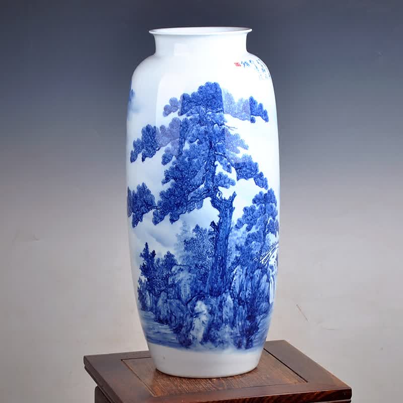 景德镇陶瓷 手绘青花瓷釉下彩山水画花瓶 中式装饰客厅摆件