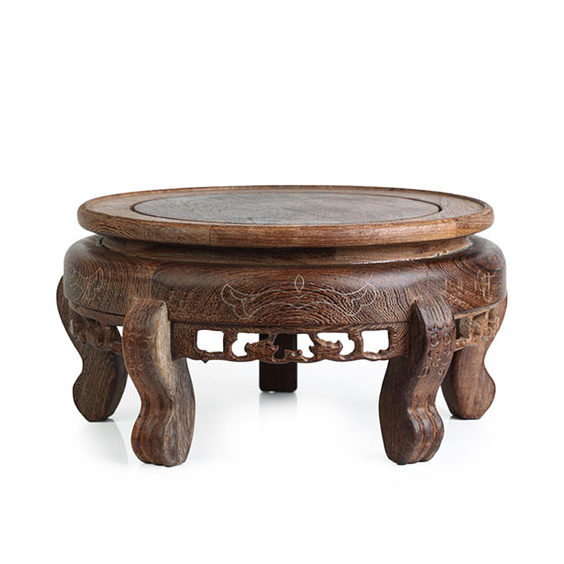 裂均木质圆形高脚古典花瓶托实木花盆底座 手工雕花鸡翅木圆形工艺品