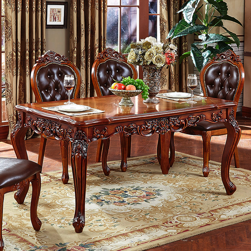 艾米河 欧式实木餐桌椅组合美式橡木雕花长餐桌大桌子吃饭桌子1.4/1.6米 配套餐椅2把
