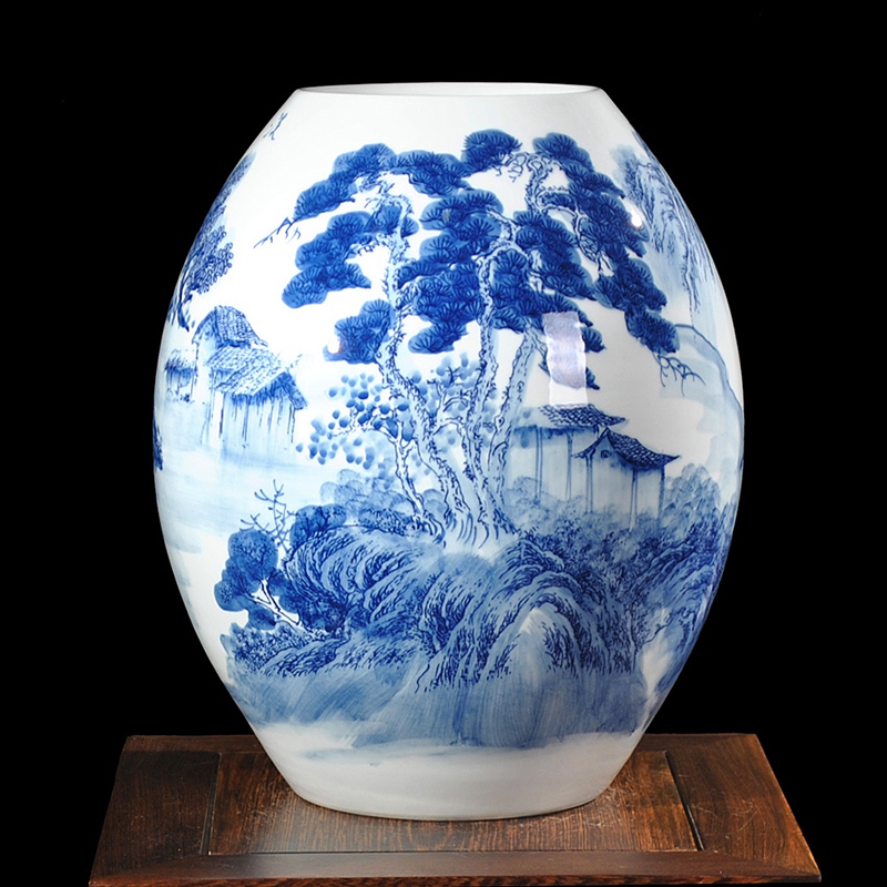 未卒家居  景德镇陶瓷器名家方春晖手绘青花釉下彩山水画花瓶客厅装饰