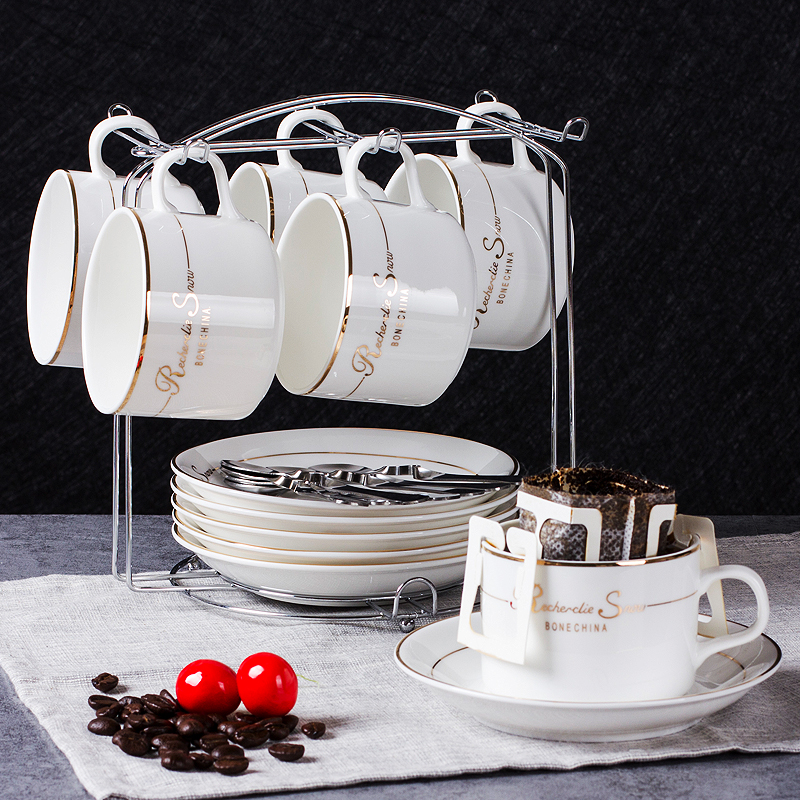 Mongdio 欧式陶瓷咖啡杯套装 小精致简约陶瓷杯碟 欧式小奢华咖啡杯6件套 金边 六杯六碟六勺+1杯架