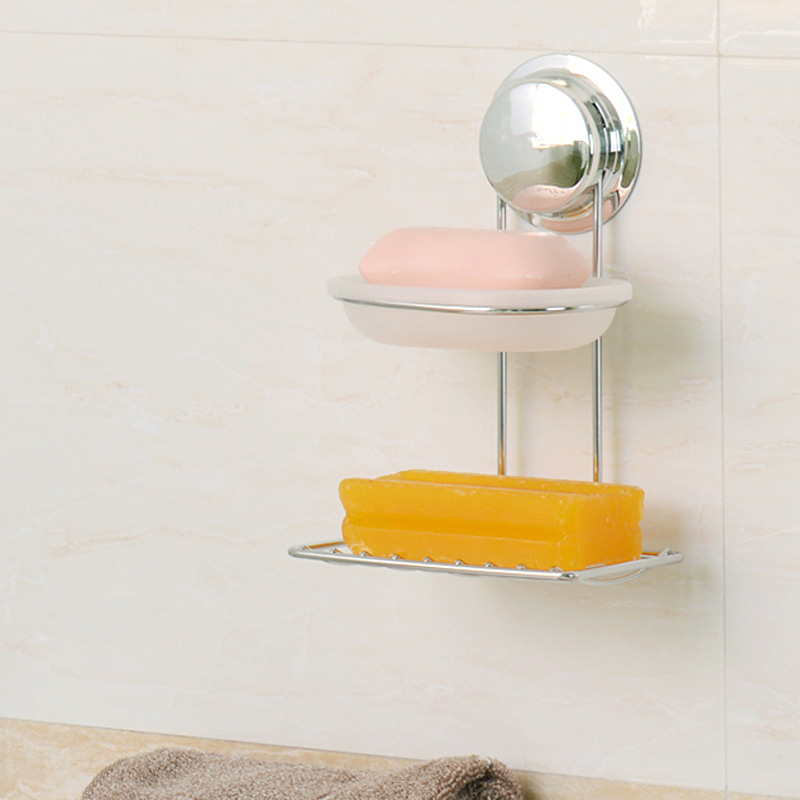 嘉宝卫生间吸盘香皂盒 双层壁挂式肥皂架 浴室创意不锈钢双格皂架 免打孔香皂托皂网沥水架 亮光电镀银