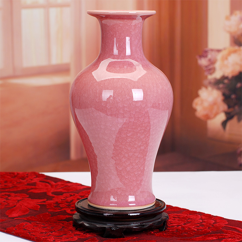 裂均景德镇陶瓷 颜色釉仿古开片结晶釉 粉红色花瓶 现代家饰摆件 鱼尾瓶