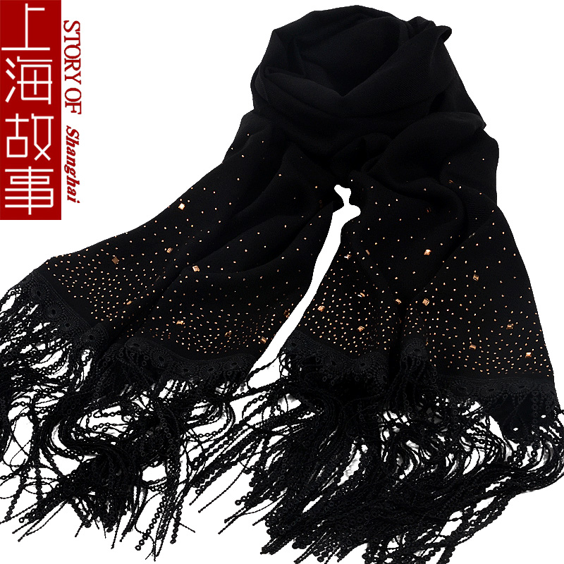 上海故事羊毛围巾女冬季纯色韩版大披肩超长款流苏烫钻 钻之恋--黑色