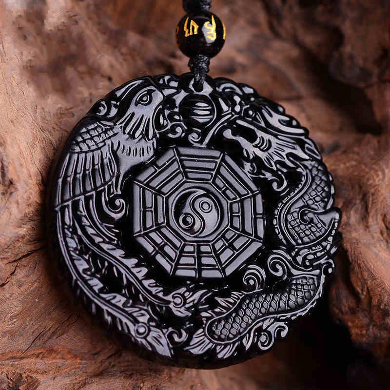 臻莱 新款现货吉祥物乌金黑曜石龙凤八卦吊坠牌男女款吊坠饰品 普通棉