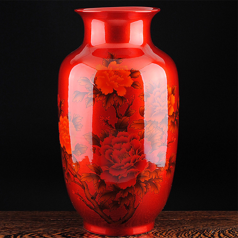 景德鎮(zhèn)陶瓷 創(chuàng)意水晶釉花瓶 家居客廳裝飾品擺件 喜慶擺件 紅色冬瓜瓶