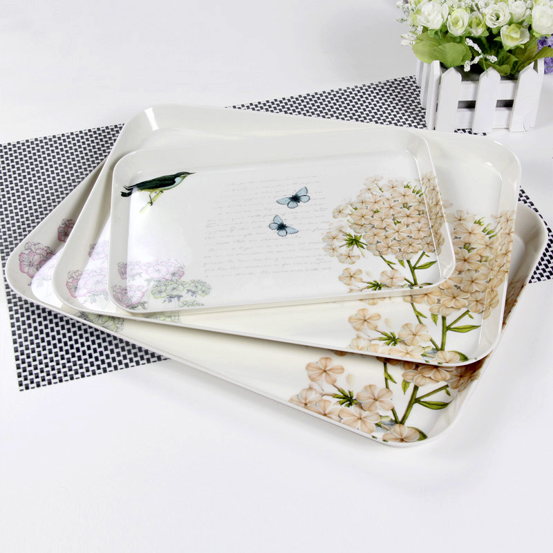 KORDCO 密胺托盘长方形创意水果盘欧式家用茶盘放水杯茶杯的托盘蛋糕盘 小鸟花色 大号 38*28cm