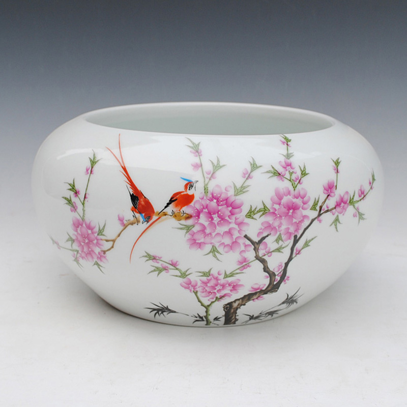 裂均景德镇陶瓷水点桃花金鱼缸乌龟缸睡莲水浅花盆摆设工艺品 小号(高