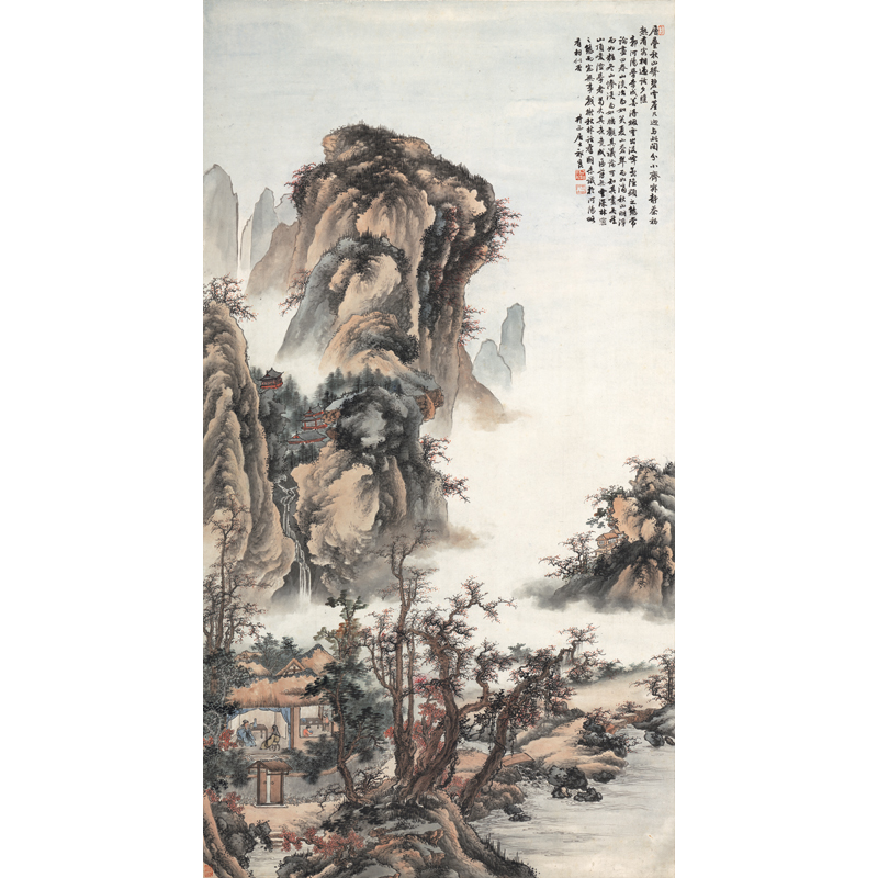 姿翰超高清微喷装饰画 祁昆 工笔山水画 密林幽居图 纸本 120x64 画芯