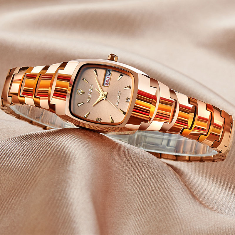 耐尔斯顿nersd品牌防水钨钢女士手表女表方形刻字双日历水钻复古韩版