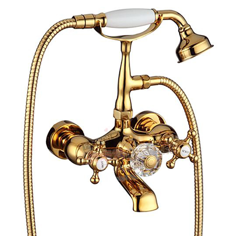 尚湟古典浴缸全铜冷热欧式花洒套装三联手轮挂墙浴盆龙头 金色水晶