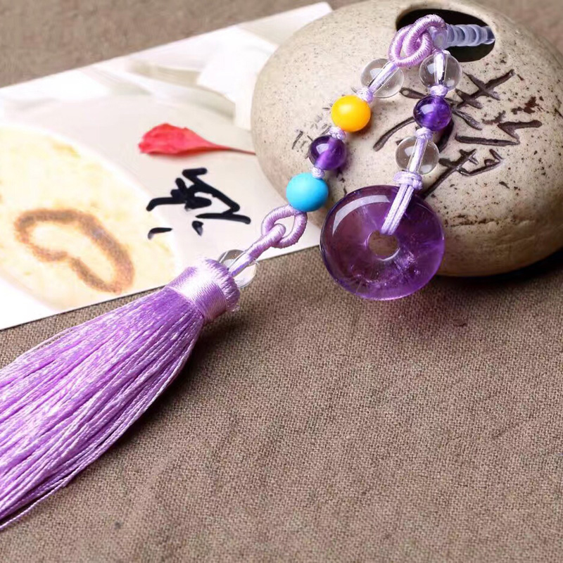 手工古典流苏女生款紫水晶平安扣手机链挂饰配防尘塞生日礼品