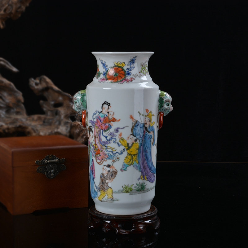 奋行景德镇仿古陶瓷手绘粉彩天仙送子寿花瓶客厅中式现代家居装饰工艺