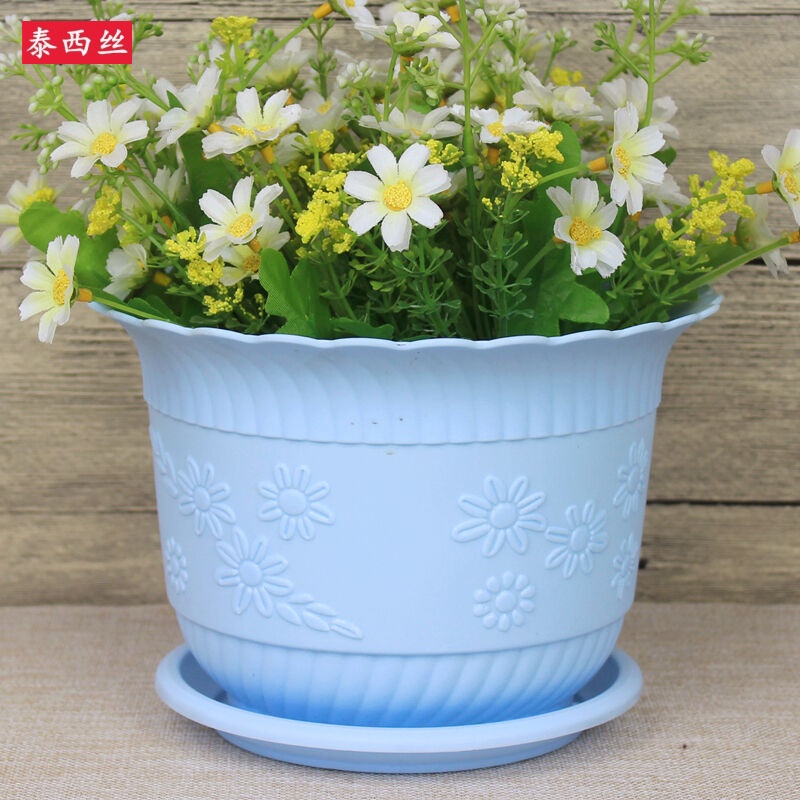 花盆 塑料个性加厚圆形桌面办公室陶瓷带托盘阳台塑料花盆颜色随机