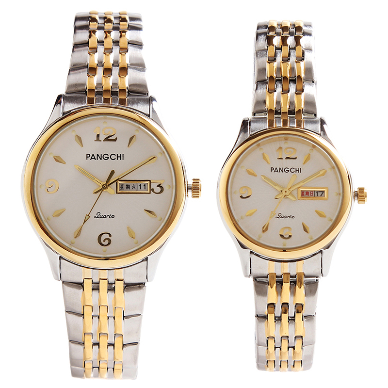 鹏志(pangchi)情侣手表 双日历 夜光防水 间金表带商务钢带表情侣表一