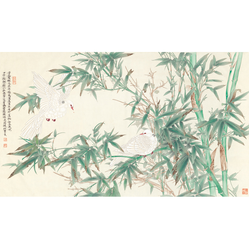 姿翰超高清微喷装饰画 任重 雪鸠碧筠图 工笔花鸟画竹鸽图 纸本 107x