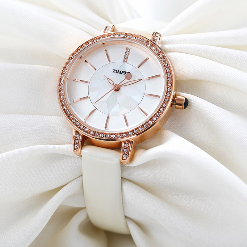 时光一百（TIME100）女表 时尚女士手表 拼贝面女表闪钻石英表 皮带手表 女 白色