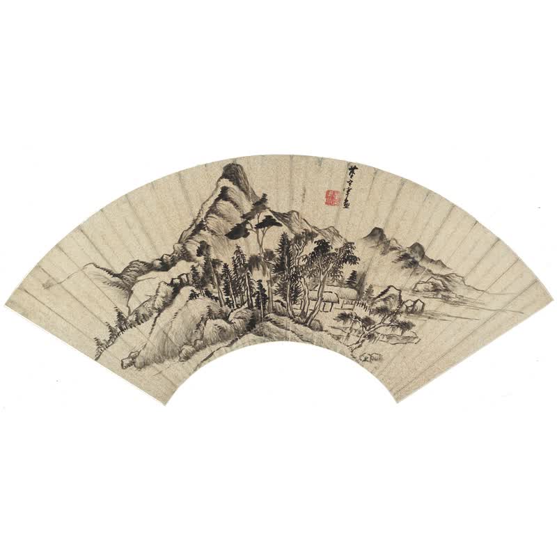 姿翰超高清微喷装饰画 明代 董其昌 水墨山水画扇面 纸本 54x26 相框