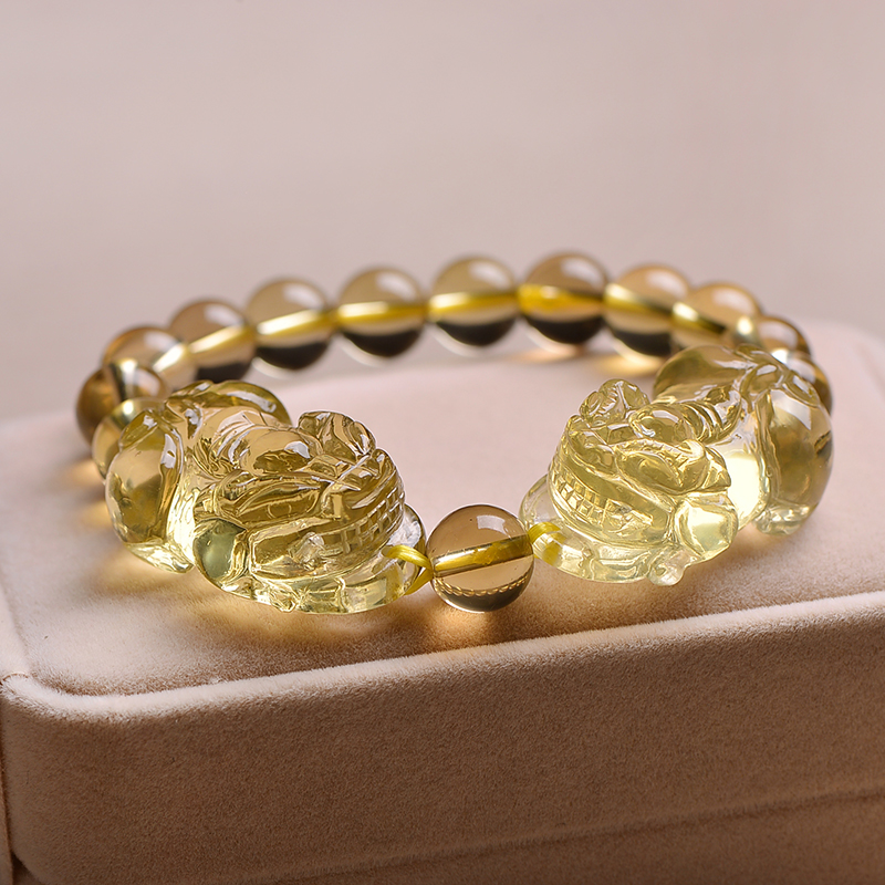 旭元 黄水晶貔貅手链 天然水晶 男女款 貔貅圆珠 黄水晶双貔貅珠径8mm