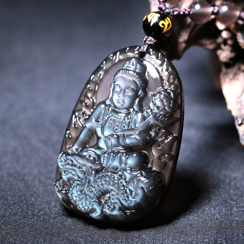 慈灵阁 蓝眼冰种黑曜石普贤菩萨本命佛 生肖属龙守护神项链 附证书