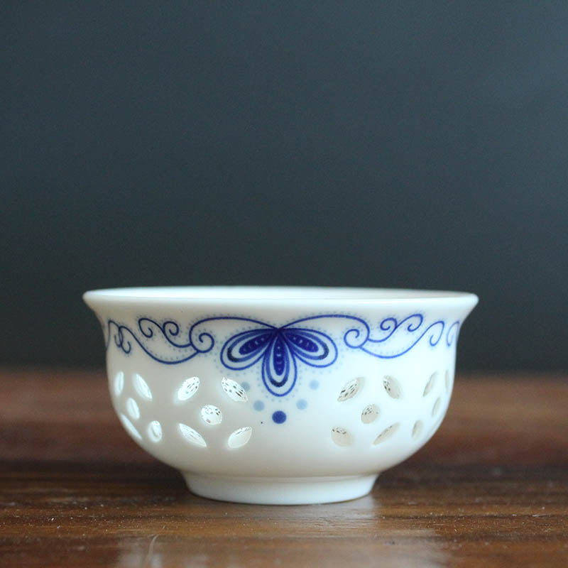 红铁普 6个镂空玲珑薄胎青花瓷茶杯 单杯陶瓷功夫茶具 蜂巢杯 1号