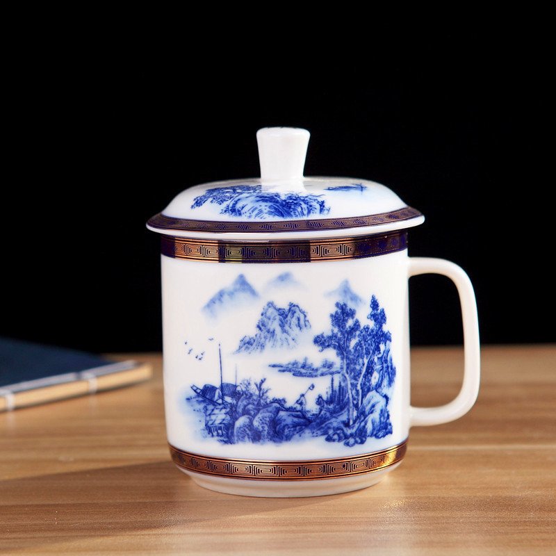富丽元 景德镇陶瓷茶杯带盖办公会议杯子青花瓷泡茶水杯logo定制刻字