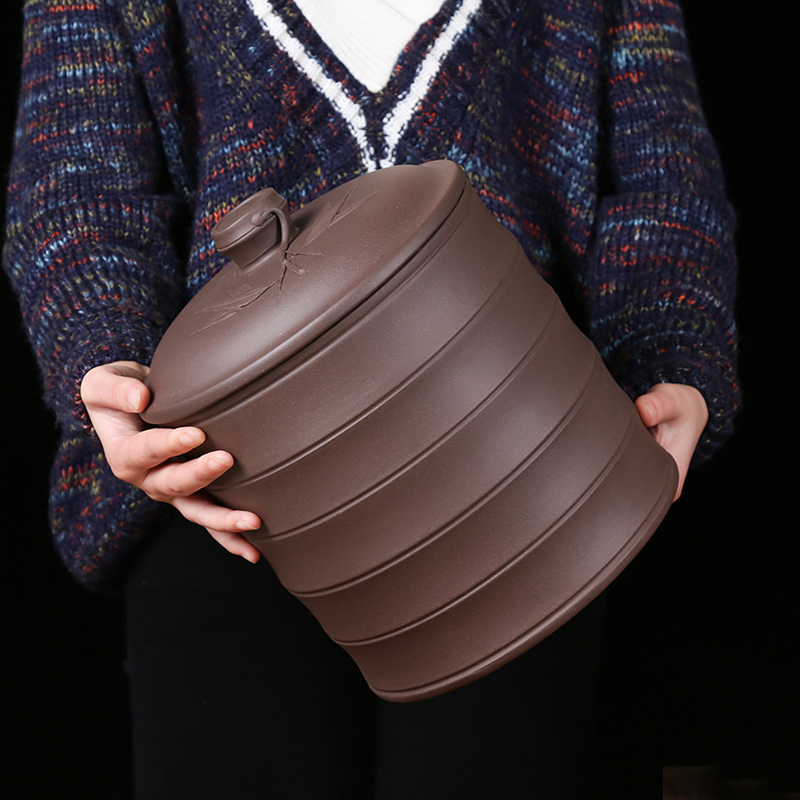 紫来顺 宜兴原矿紫砂茶叶罐 大号 七子饼 密封储存普洱茶罐茶缸竹节桶 竹叶竹节-紫泥（热门款）