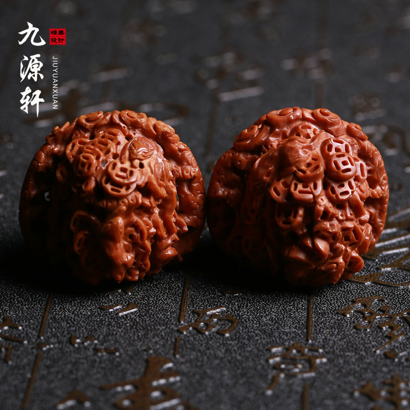 九源轩文玩核桃雕刻核雕手把件把玩夜夜数钱子凡手工一对狮子头四座楼