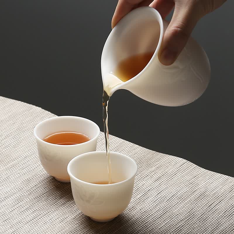 苏氏陶瓷中国白羊脂玉瓷茶具套装浮雕莲花三才盖碗中秋春节送礼功夫茶具